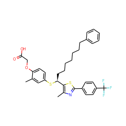 Cc1cc(S[C@@H](CCCCCCCc2ccccc2)c2sc(-c3ccc(C(F)(F)F)cc3)nc2C)ccc1OCC(=O)O ZINC000084711152