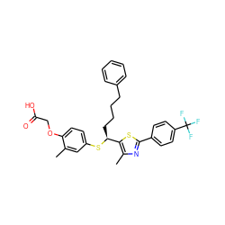 Cc1cc(S[C@@H](CCCCc2ccccc2)c2sc(-c3ccc(C(F)(F)F)cc3)nc2C)ccc1OCC(=O)O ZINC000084711129