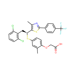 Cc1cc(S[C@@H](Cc2c(Cl)cccc2Cl)c2sc(-c3ccc(C(F)(F)F)cc3)nc2C)ccc1OCC(=O)O ZINC000084710270