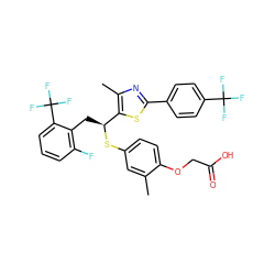 Cc1cc(S[C@@H](Cc2c(F)cccc2C(F)(F)F)c2sc(-c3ccc(C(F)(F)F)cc3)nc2C)ccc1OCC(=O)O ZINC000084710266