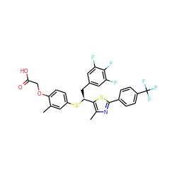 Cc1cc(S[C@@H](Cc2cc(F)c(F)c(F)c2)c2sc(-c3ccc(C(F)(F)F)cc3)nc2C)ccc1OCC(=O)O ZINC000084724837