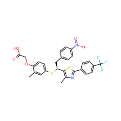 Cc1cc(S[C@@H](Cc2ccc([N+](=O)[O-])cc2)c2sc(-c3ccc(C(F)(F)F)cc3)nc2C)ccc1OCC(=O)O ZINC000084709997