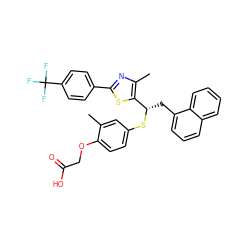 Cc1cc(S[C@@H](Cc2cccc3ccccc23)c2sc(-c3ccc(C(F)(F)F)cc3)nc2C)ccc1OCC(=O)O ZINC000084712101