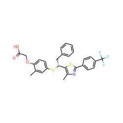 Cc1cc(S[C@H](Cc2ccccc2)c2sc(-c3ccc(C(F)(F)F)cc3)nc2C)ccc1OCC(=O)O ZINC000043197266