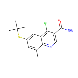 Cc1cc(SC(C)(C)C)cc2c(Cl)c(C(N)=O)cnc12 ZINC000045324520