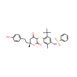 Cc1cc(SC2C(=O)C[C@@](C)(CCc3ccc(O)cc3)OC2=O)c(C(C)(C)C)cc1NS(=O)(=O)c1ccccc1 ZINC000038155899