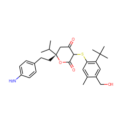 Cc1cc(SC2C(=O)C[C@@](CCc3ccc(N)cc3)(C(C)C)OC2=O)c(C(C)(C)C)cc1CO ZINC000026393405