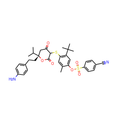 Cc1cc(SC2C(=O)C[C@@](CCc3ccc(N)cc3)(C(C)C)OC2=O)c(C(C)(C)C)cc1OS(=O)(=O)c1ccc(C#N)cc1 ZINC000027981412