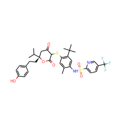 Cc1cc(SC2C(=O)C[C@@](CCc3ccc(O)cc3)(C(C)C)OC2=O)c(C(C)(C)C)cc1NS(=O)(=O)c1ccc(C(F)(F)F)cn1 ZINC000049926742