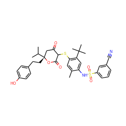 Cc1cc(SC2C(=O)C[C@@](CCc3ccc(O)cc3)(C(C)C)OC2=O)c(C(C)(C)C)cc1NS(=O)(=O)c1cccc(C#N)c1 ZINC000027989199