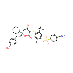 Cc1cc(SC2C(=O)C[C@@](CCc3ccc(O)cc3)(C3CCCCC3)OC2=O)c(C(C)(C)C)cc1OS(=O)(=O)c1ccc(C#N)cc1 ZINC000096126911