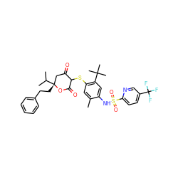 Cc1cc(SC2C(=O)C[C@@](CCc3ccccc3)(C(C)C)OC2=O)c(C(C)(C)C)cc1NS(=O)(=O)c1ccc(C(F)(F)F)cn1 ZINC000072186844