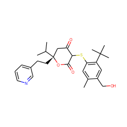 Cc1cc(SC2C(=O)C[C@@](CCc3cccnc3)(C(C)C)OC2=O)c(C(C)(C)C)cc1CO ZINC000026389330