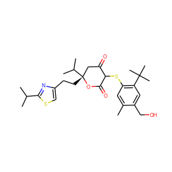 Cc1cc(SC2C(=O)C[C@@](CCc3csc(C(C)C)n3)(C(C)C)OC2=O)c(C(C)(C)C)cc1CO ZINC000026393910