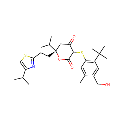 Cc1cc(SC2C(=O)C[C@@](CCc3nc(C(C)C)cs3)(C(C)C)OC2=O)c(C(C)(C)C)cc1CO ZINC000026396854