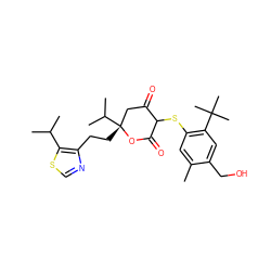 Cc1cc(SC2C(=O)C[C@@](CCc3ncsc3C(C)C)(C(C)C)OC2=O)c(C(C)(C)C)cc1CO ZINC000026395304