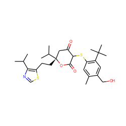 Cc1cc(SC2C(=O)C[C@@](CCc3scnc3C(C)C)(C(C)C)OC2=O)c(C(C)(C)C)cc1CO ZINC000026392799