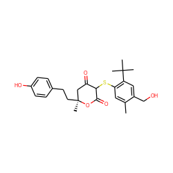 Cc1cc(SC2C(=O)C[C@](C)(CCc3ccc(O)cc3)OC2=O)c(C(C)(C)C)cc1CO ZINC000027195069