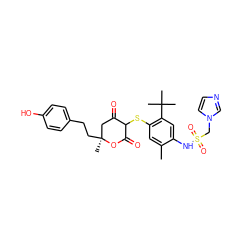 Cc1cc(SC2C(=O)C[C@](C)(CCc3ccc(O)cc3)OC2=O)c(C(C)(C)C)cc1NS(=O)(=O)Cn1ccnc1 ZINC000027992095