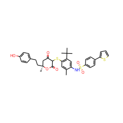 Cc1cc(SC2C(=O)C[C@](C)(CCc3ccc(O)cc3)OC2=O)c(C(C)(C)C)cc1NS(=O)(=O)c1ccc(-c2cccs2)cc1 ZINC000027983763