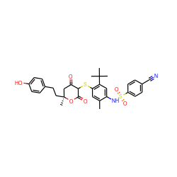 Cc1cc(SC2C(=O)C[C@](C)(CCc3ccc(O)cc3)OC2=O)c(C(C)(C)C)cc1NS(=O)(=O)c1ccc(C#N)cc1 ZINC000100985360