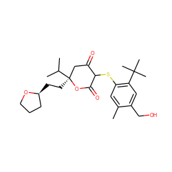 Cc1cc(SC2C(=O)C[C@](CC[C@H]3CCCO3)(C(C)C)OC2=O)c(C(C)(C)C)cc1CO ZINC000026394398