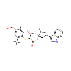 Cc1cc(SC2C(=O)C[C@](CCc3c[nH]c4ccccc34)(C(C)C)OC2=O)c(C(C)(C)C)cc1CO ZINC000026383648