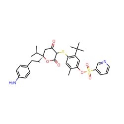 Cc1cc(SC2C(=O)C[C@](CCc3ccc(N)cc3)(C(C)C)OC2=O)c(C(C)(C)C)cc1OS(=O)(=O)c1cccnc1 ZINC000100053505