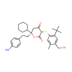 Cc1cc(SC2C(=O)C[C@](CCc3ccc(N)cc3)(C3CCCCC3)OC2=O)c(C(C)(C)C)cc1CO ZINC000027199321