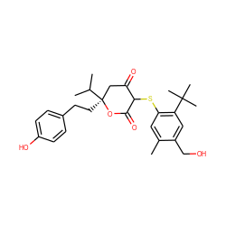 Cc1cc(SC2C(=O)C[C@](CCc3ccc(O)cc3)(C(C)C)OC2=O)c(C(C)(C)C)cc1CO ZINC000027198566