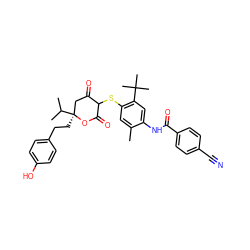 Cc1cc(SC2C(=O)C[C@](CCc3ccc(O)cc3)(C(C)C)OC2=O)c(C(C)(C)C)cc1NC(=O)c1ccc(C#N)cc1 ZINC000038146840