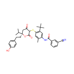 Cc1cc(SC2C(=O)C[C@](CCc3ccc(O)cc3)(C(C)C)OC2=O)c(C(C)(C)C)cc1NC(=O)c1cccc(C#N)c1 ZINC000038156465