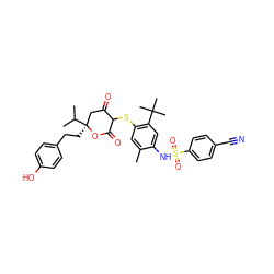 Cc1cc(SC2C(=O)C[C@](CCc3ccc(O)cc3)(C(C)C)OC2=O)c(C(C)(C)C)cc1NS(=O)(=O)c1ccc(C#N)cc1 ZINC000070454667