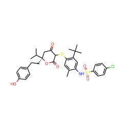 Cc1cc(SC2C(=O)C[C@](CCc3ccc(O)cc3)(C(C)C)OC2=O)c(C(C)(C)C)cc1NS(=O)(=O)c1ccc(Cl)cc1 ZINC000049926738