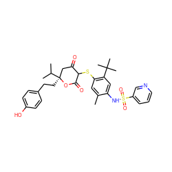 Cc1cc(SC2C(=O)C[C@](CCc3ccc(O)cc3)(C(C)C)OC2=O)c(C(C)(C)C)cc1NS(=O)(=O)c1cccnc1 ZINC000100053585