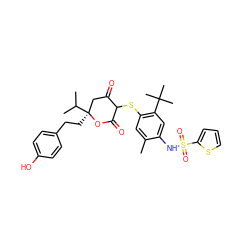 Cc1cc(SC2C(=O)C[C@](CCc3ccc(O)cc3)(C(C)C)OC2=O)c(C(C)(C)C)cc1NS(=O)(=O)c1cccs1 ZINC000027987174