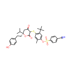 Cc1cc(SC2C(=O)C[C@](CCc3ccc(O)cc3)(C(C)C)OC2=O)c(C(C)(C)C)cc1OS(=O)(=O)c1ccc(C#N)cc1 ZINC000027980017