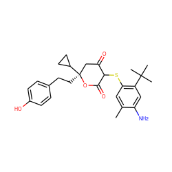 Cc1cc(SC2C(=O)C[C@](CCc3ccc(O)cc3)(C3CC3)OC2=O)c(C(C)(C)C)cc1N ZINC000038146859