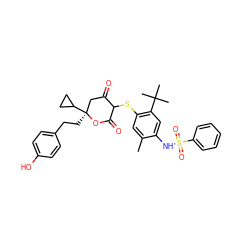 Cc1cc(SC2C(=O)C[C@](CCc3ccc(O)cc3)(C3CC3)OC2=O)c(C(C)(C)C)cc1NS(=O)(=O)c1ccccc1 ZINC000027981575