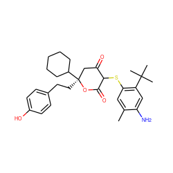 Cc1cc(SC2C(=O)C[C@](CCc3ccc(O)cc3)(C3CCCCC3)OC2=O)c(C(C)(C)C)cc1N ZINC000100830322