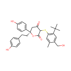 Cc1cc(SC2C(=O)C[C@](CCc3ccc(O)cc3)(c3ccc(O)cc3)OC2=O)c(C(C)(C)C)cc1CO ZINC000027199486