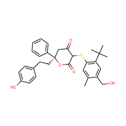 Cc1cc(SC2C(=O)C[C@](CCc3ccc(O)cc3)(c3ccccc3)OC2=O)c(C(C)(C)C)cc1CO ZINC000027193212