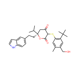 Cc1cc(SC2C(=O)C[C@](CCc3ccc4[nH]ccc4c3)(C(C)C)OC2=O)c(C(C)(C)C)cc1CO ZINC000100889078