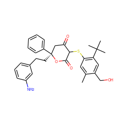 Cc1cc(SC2C(=O)C[C@](CCc3cccc(N)c3)(c3ccccc3)OC2=O)c(C(C)(C)C)cc1CO ZINC000027195590