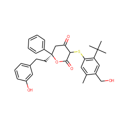 Cc1cc(SC2C(=O)C[C@](CCc3cccc(O)c3)(c3ccccc3)OC2=O)c(C(C)(C)C)cc1CO ZINC000027196764