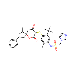 Cc1cc(SC2C(=O)C[C@](CCc3ccccc3)(C(C)C)OC2=O)c(C(C)(C)C)cc1NS(=O)(=O)Cn1ccnc1 ZINC000038344913