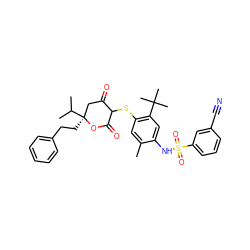 Cc1cc(SC2C(=O)C[C@](CCc3ccccc3)(C(C)C)OC2=O)c(C(C)(C)C)cc1NS(=O)(=O)c1cccc(C#N)c1 ZINC000027903702