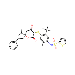 Cc1cc(SC2C(=O)C[C@](CCc3ccccc3)(C(C)C)OC2=O)c(C(C)(C)C)cc1NS(=O)(=O)c1cccs1 ZINC000038155910