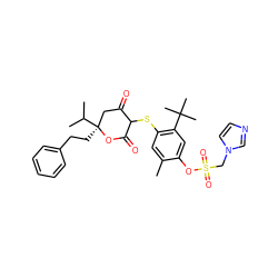 Cc1cc(SC2C(=O)C[C@](CCc3ccccc3)(C(C)C)OC2=O)c(C(C)(C)C)cc1OS(=O)(=O)Cn1ccnc1 ZINC000038155905