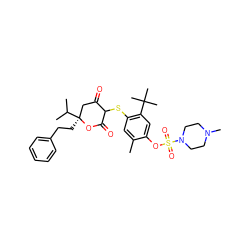 Cc1cc(SC2C(=O)C[C@](CCc3ccccc3)(C(C)C)OC2=O)c(C(C)(C)C)cc1OS(=O)(=O)N1CCN(C)CC1 ZINC000026282281